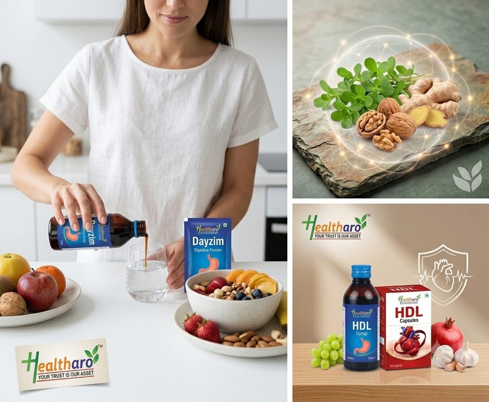 Healtharo products in everyday use: pouring Dayzim syrup, fresh herbs, and HDL packs