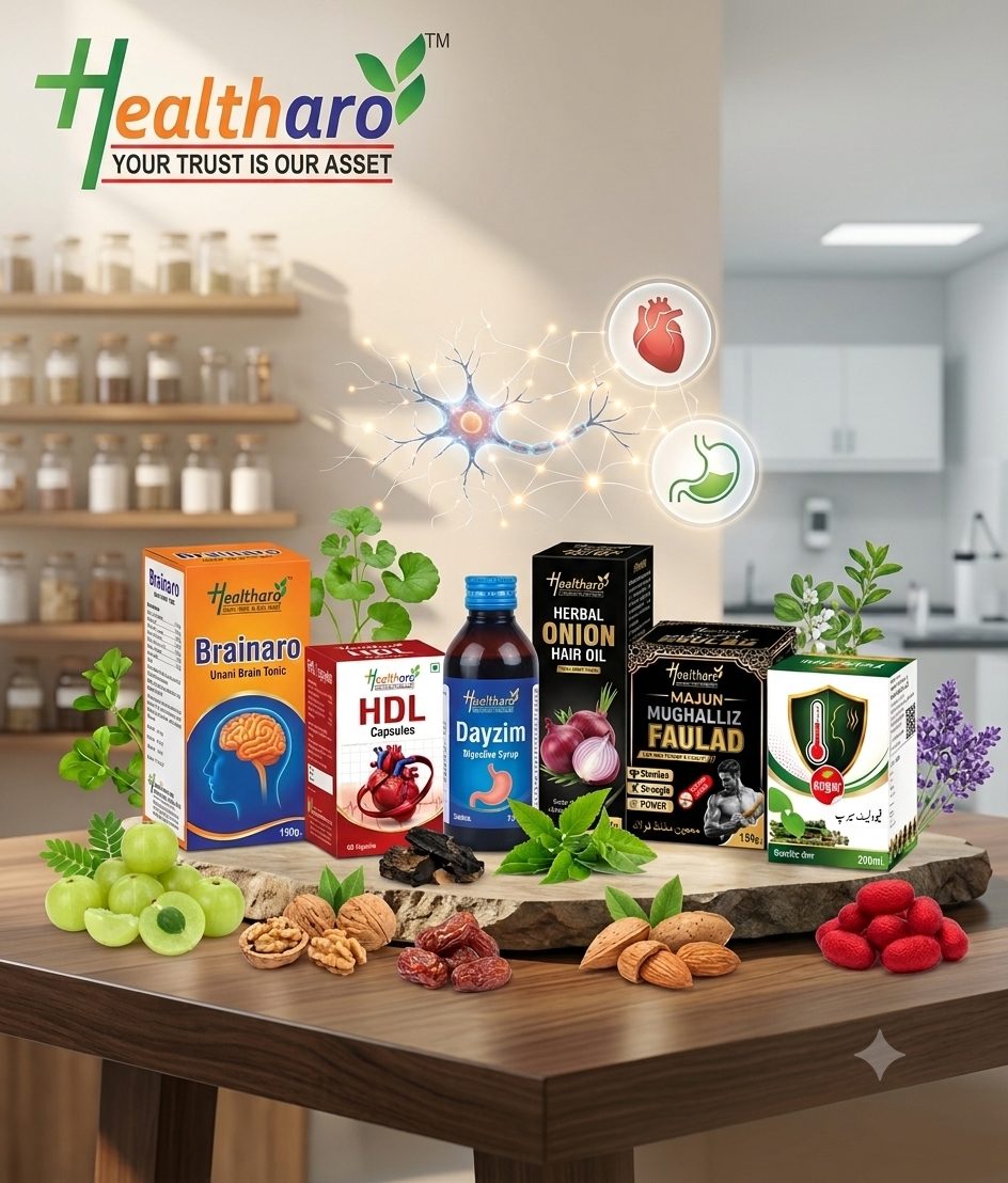 Healtharo product range: Brainaro, HDL, Dayzim, Herbal Onion Hair Oil and Majun Mughalliz Faulad
