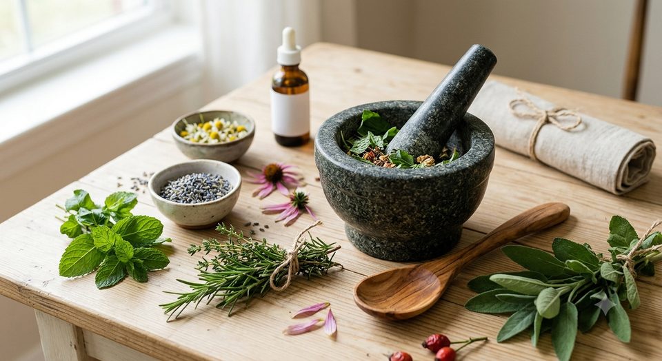 Stone mortar and pestle with fresh herbs, lavender and a dropper bottle on a wooden table