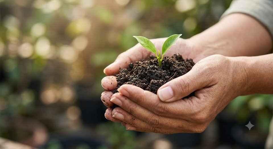 Hands holding soil with a young seedling